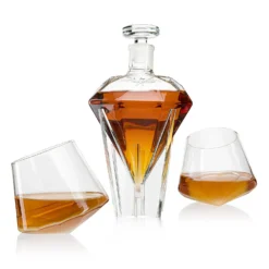 The Wine Savant Diamond Whiskey Decanter L With 2 Diamond Glasses Decanter Set, Diamond Wine Glass Holding Base With 2 Diamond Glasses Liquor, Scotch, Rum, Bourbon, Vodka, Tequila -Refined Spirits Store 008