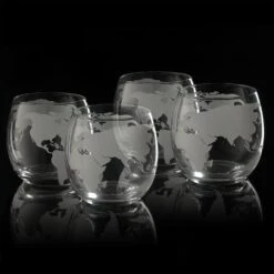 Etched World Globe Glasses 10 Oz -Set Of 4 By The Wine Savant, Wine, Whiskey, Scotch, Vodka Water Or Juice Old Fashion Glasses, World Glasses Etched Globe