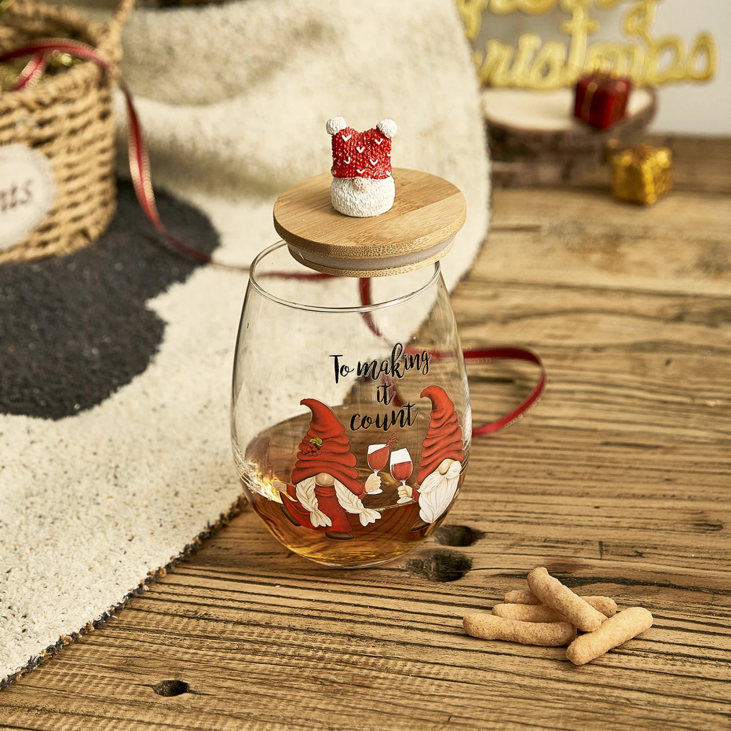 Christmas Gnome Wine & Water Glasses With Dwarf Wood Cover - Set Of 2-17.5oz - Santa Holiday Festive Gnomes Stemless Clear Wine Glass For Red Or White Wine - Wines Glass For Women Friends Men Sister 4 Christmas Gnome Wine & Water Glasses With Dwarf Wood Cover - Set Of 2-17.5oz - Santa Holiday Festive Gnomes Stemless Clear Wine Glass For Red Or White Wine - Wines Glass For Women Friends Men Sister - Image 4