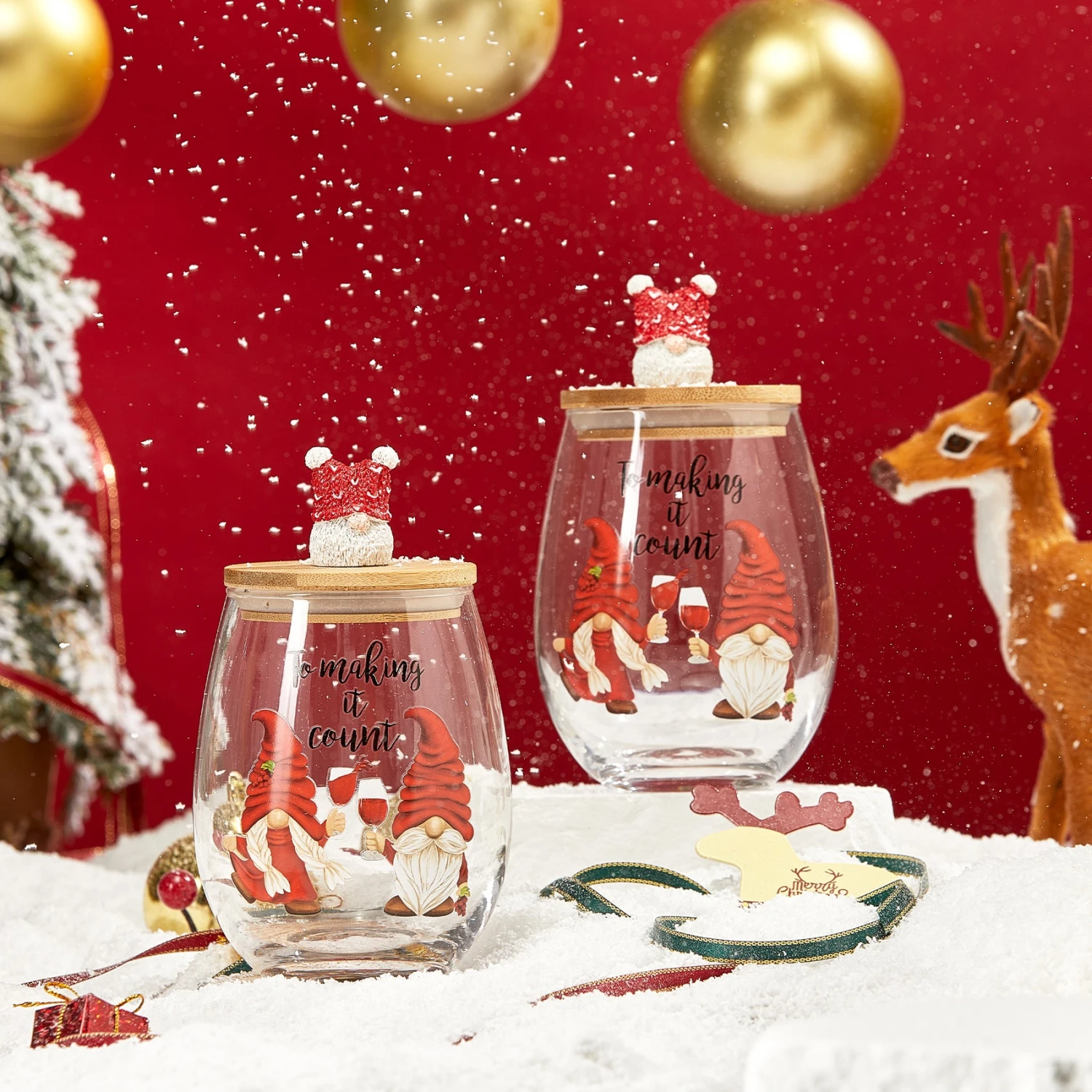 Christmas Gnome Wine & Water Glasses With Dwarf Wood Cover - Set Of 2-17.5oz - Santa Holiday Festive Gnomes Stemless Clear Wine Glass For Red Or White Wine - Wines Glass For Women Friends Men Sister 3 Christmas Gnome Wine & Water Glasses With Dwarf Wood Cover - Set Of 2-17.5oz - Santa Holiday Festive Gnomes Stemless Clear Wine Glass For Red Or White Wine - Wines Glass For Women Friends Men Sister - Image 3