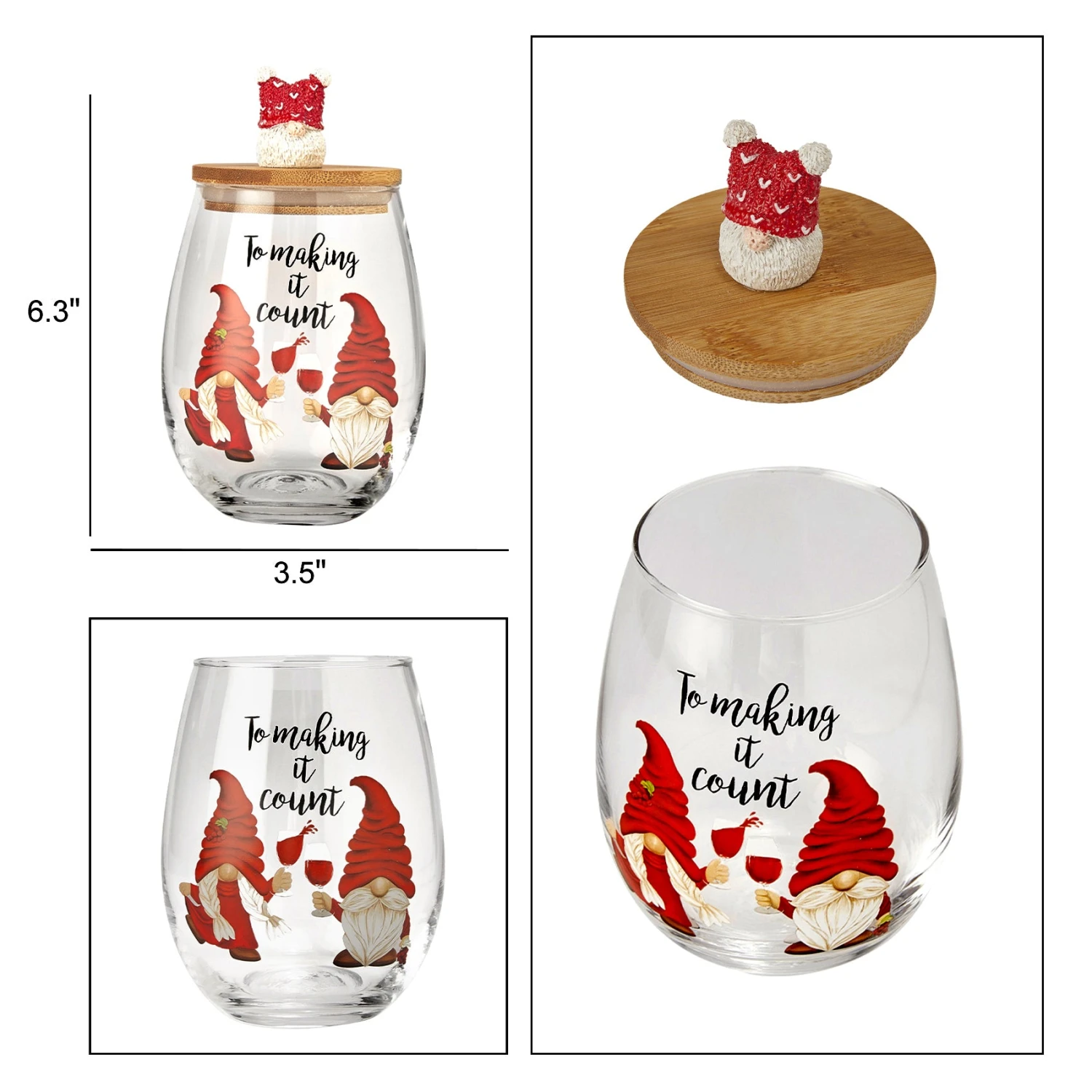 Christmas Gnome Wine & Water Glasses With Dwarf Wood Cover - Set Of 2-17.5oz - Santa Holiday Festive Gnomes Stemless Clear Wine Glass For Red Or White Wine - Wines Glass For Women Friends Men Sister 2 Christmas Gnome Wine & Water Glasses With Dwarf Wood Cover - Set Of 2-17.5oz - Santa Holiday Festive Gnomes Stemless Clear Wine Glass For Red Or White Wine - Wines Glass For Women Friends Men Sister - Image 2