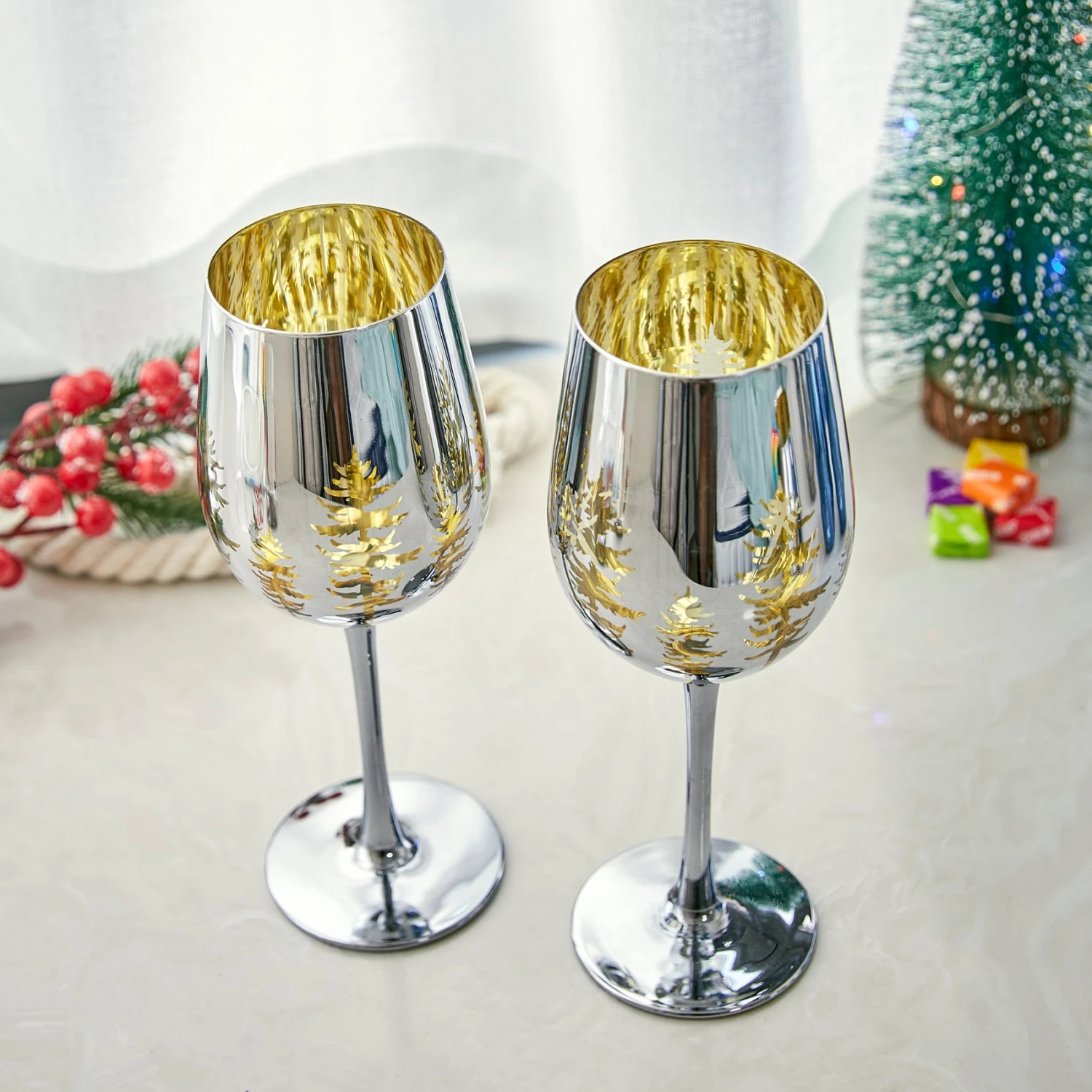 Crystal Christmas Tree Stemmed Wine & Water Glasses - Set Of 2 - Holiday Themed Vibrant Gold Etched Winter Snow Wonderland Frosted Glass, Perfect For Seasonal Parties, Gifts For Him & Her Trees Décor 3 Crystal Christmas Tree Stemmed Wine & Water Glasses - Set Of 2 - Holiday Themed Vibrant Gold Etched Winter Snow Wonderland Frosted Glass, Perfect For Seasonal Parties, Gifts For Him & Her Trees Décor - Image 3