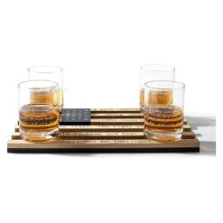 2nd Amendment American Flag Whiskey Glasses, Set Of 4 Hand Blown Old Fashioned Whiskey Rocks Glasses, Wood Flag Tray With Patriots Gun Rights Law & Military Gift Set -Refined Spirits Store 1234