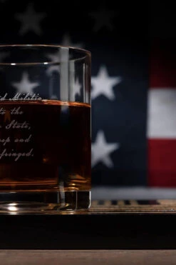 2nd Amendment American Flag Whiskey Glasses, Set Of 4 Hand Blown Old Fashioned Whiskey Rocks Glasses, Wood Flag Tray With Patriots Gun Rights Law & Military Gift Set -Refined Spirits Store 12 6