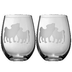 Set Of 2 Pug Dog Stemless Wine Glasses By The Wine Savant - Good Doggy Puppy & Doggy Lover For Him & Her - Dogs Silhouette - Glass Gifts Etched Tumblers For Anniversary, Wedding, Home Bar Gifts