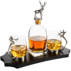 Stag Antler Decanter Set With 2 Stag Glasses - Antique Pewter Whiskey Decanter Set Elegant Liquor Decanter Gift Set For Bar By The Wine Savant - Luxury Decanter For Bourbon, Scotch, Or Whiskey 750ml