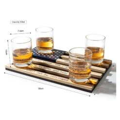 2nd Amendment American Flag Whiskey Glasses, Set Of 4 Hand Blown Old Fashioned Whiskey Rocks Glasses, Wood Flag Tray With Patriots Gun Rights Law & Military Gift Set -Refined Spirits Store 1555
