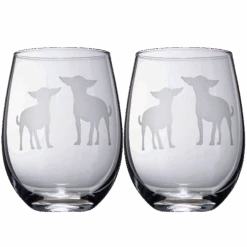 Set Of 2 Chihuahua Dog Stemless Wine Glasses - Chihuahueño Puppy & Doggy Lover For Him & Her - Dogs Silhouette - Glass Gifts Etched Tumblers For Anniversary, Wedding, Home Bar Gifts