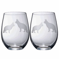 Set Of 2 Dog Stemless German Shepherd Wine Glasses By The Wine Savant - Puppy & Doggy Lover For Him And Her Dogs Silhouette - Glass Gifts Etched Tumblers For Anniversary, Wedding, Home Bar Gifts