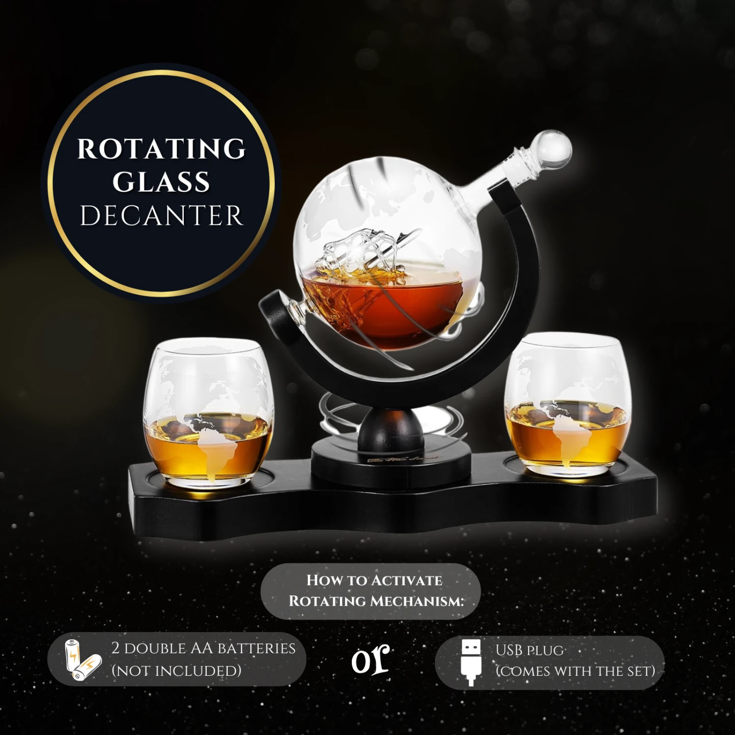 Rotating Whiskey Decanter Globe Set With 2 10OZ Etched Whiskey Glasses | 29 OZ | Moving Interactive World Globe, Gifts For Men Dad, Anniversary For Liquor Scotch Bourbon - Batteries NOT Included 3 Rotating Whiskey Decanter Globe Set With 2 10OZ Etched Whiskey Glasses | 29 OZ | Moving Interactive World Globe, Gifts For Men Dad, Anniversary For Liquor Scotch Bourbon - Batteries NOT Included - Image 3