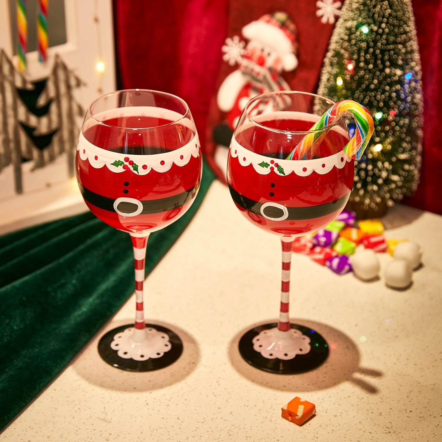 Santa's Elf Stemmed Wine & Water Glasses - Set Of 2 - Shining Red & Black, 9" H - Christmas & Holiday Parties Glassware - Xmas Tree - Set Of 2, 17.5oz - Santa Festive Glass - Great Gift! 2 Santa's Elf Stemmed Wine & Water Glasses - Set Of 2 - Shining Red & Black, 9" H - Christmas & Holiday Parties Glassware - Xmas Tree - Set Of 2, 17.5oz - Santa Festive Glass - Great Gift! - Image 2