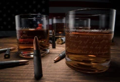2nd Amendment American Flag Whiskey Glasses, Set Of 4 Hand Blown Old Fashioned Whiskey Rocks Glasses, Wood Flag Tray With Patriots Gun Rights Law & Military Gift Set -Refined Spirits Store 1 55