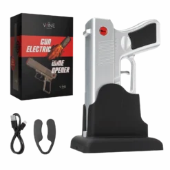 Electric Gun Wine Corkscrew Bottle Opener - Rechargeable Holster Base Cordless Battery - Automatically Open Wines Multifunctional Electronic Cork Puller - Guns Enthusiasts Gift & Vino Lovers (Silver)