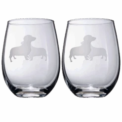 Set Of 2 Dog Daschund Stemless Wine Glasses By The Wine Savant - Wiener Dog Puppy & Doggy Lover For Him & Her - Dogs Silhouette - Glass Gifts Etched Tumblers For Anniversary, Wedding, Home Bar Gifts