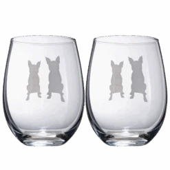 Set Of 2 Boston Terrier Dog Stemless Wine Glasses - Boxwood, Boston Bull Terrier, American Gentleman Lover - For Him & Her - Dogs Silhouette - Etched Tumblers For Anniversary, Wedding, Gifts (18 OZ)