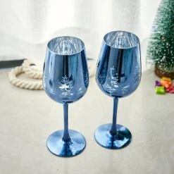 Crystal Christmas Tree Stemmed Wine & Water Glasses - Set Of 2 - Holiday Themed Vibrant Blue Etched Winter Snow Wonderland Frosted Glass, Perfect For Seasonal Parties, Gifts For Him & Her Trees Décor -Refined Spirits Store 2 64