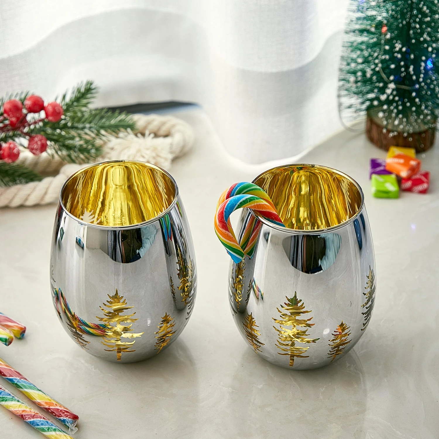 Crystal Christmas Tree Stemless Wine & Water Glasses - Set Of 2 - Holiday Themed Vibrant Gold Etched Winter Snow Wonderland Frosted Glass, Perfect For Seasonal Parties, Gifts For Him & Her Trees Décor 4 Crystal Christmas Tree Stemless Wine & Water Glasses - Set Of 2 - Holiday Themed Vibrant Gold Etched Winter Snow Wonderland Frosted Glass, Perfect For Seasonal Parties, Gifts For Him & Her Trees Décor - Image 4