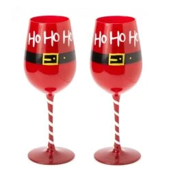 Ho Ho Ho Santa's Christmas Stemmed Wine & Water Glasses - Set Of 2 - HoHoHo, Red & Black, 9" H - Holiday Parties Glassware - Xmas Tree - Set Of 2, 17.5oz - Merry Christmas Santa Festive Glass