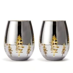 Crystal Christmas Tree Stemless Wine & Water Glasses - Set Of 2 - Holiday Themed Vibrant Gold Etched Winter Snow Wonderland Frosted Glass, Perfect For Seasonal Parties, Gifts For Him & Her Trees Décor