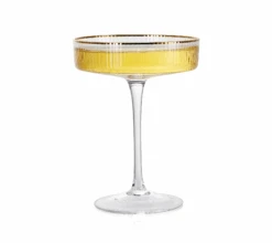 Ribbed Coupe Cocktail Glasses With Gold Rim 8 Oz | Set Of 4 | Classic Manhattan Glasses For Cocktails, Champagne Coupe, Ripple Coupe Glasses, Art Deco Gatsby Vintage, Crystal With Stems -Refined Spirits Store 445