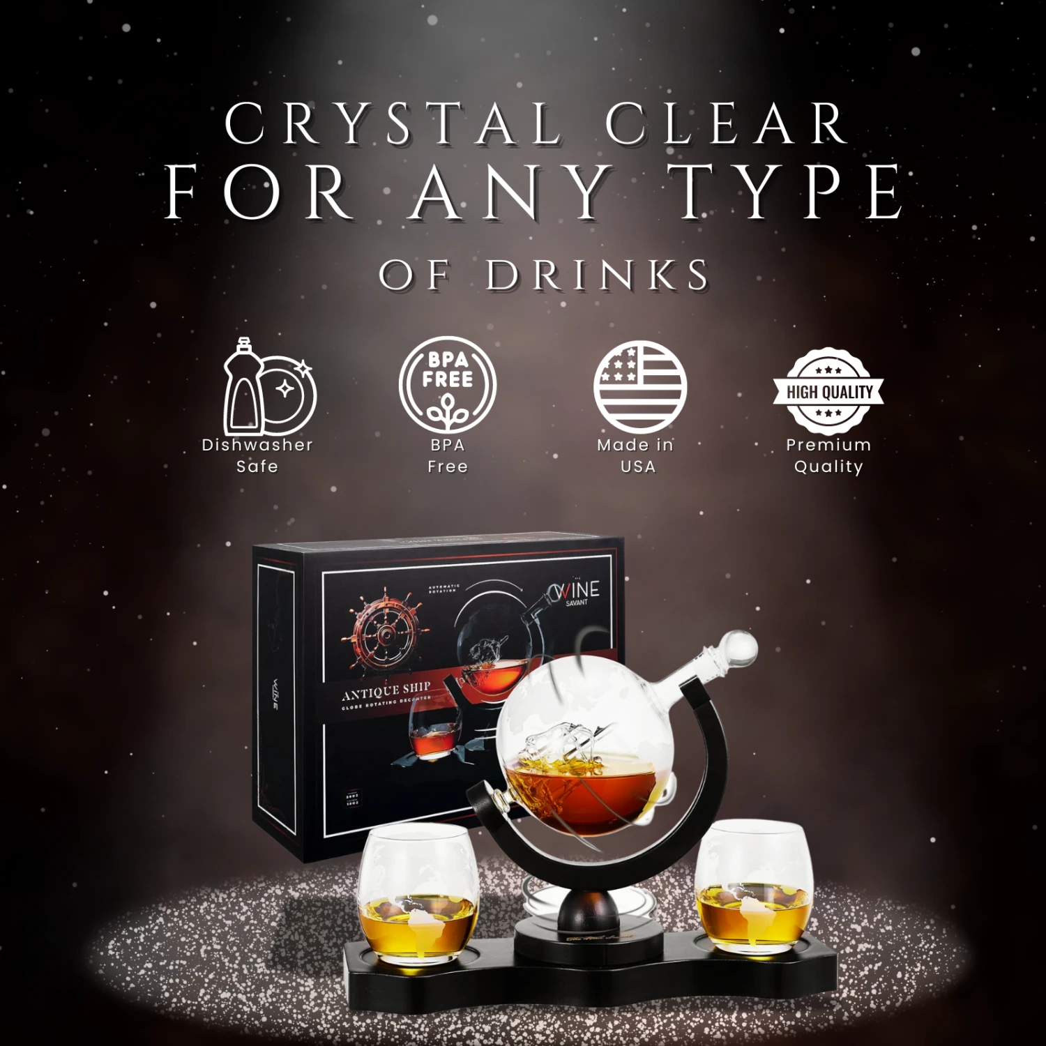 Rotating Whiskey Decanter Globe Set With 2 10OZ Etched Whiskey Glasses | 29 OZ | Moving Interactive World Globe, Gifts For Men Dad, Anniversary For Liquor Scotch Bourbon - Batteries NOT Included 5 Rotating Whiskey Decanter Globe Set With 2 10OZ Etched Whiskey Glasses | 29 OZ | Moving Interactive World Globe, Gifts For Men Dad, Anniversary For Liquor Scotch Bourbon - Batteries NOT Included - Image 5