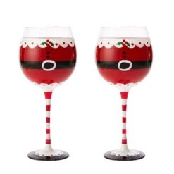 Santa's Elf Stemmed Wine & Water Glasses - Set Of 2 - Shining Red & Black, 9" H - Christmas & Holiday Parties Glassware - Xmas Tree - Set Of 2, 17.5oz - Santa Festive Glass - Great Gift!