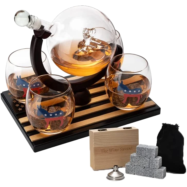 Democratic Party Wine & Whiskey Decanter Set, Proud Democrat Vote Blue Election Decor, Washington DC Politics Gift, 750ml With US Flag And 4 Glasses - Donkey Logo, DNC Gifts, Senate, House & President 1 Democratic Party Wine & Whiskey Decanter Set, Proud Democrat Vote Blue Election Decor, Washington DC Politics Gift, 750ml With US Flag And 4 Glasses - Donkey Logo, DNC Gifts, Senate, House & President
