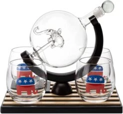 Republican Party Wine & Whiskey Decanter Set, Proud Republicans Vote Red Election Decor, Washington DC Politics Gift, 750ml US Flag & 4 Glasses - Elephant Logo, RNC Gifts, Senate, House & President -Refined Spirits Store 51FlumQWl L. AC