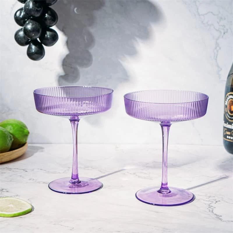 Ribbed Coupe Cocktail Glasses 8 Oz | Set Of 2 | Classic Manhattan Glasses For Cocktails, Champagne Coupe, Ripple Coupe Glasses, Art Deco Gatsby Vintage, Crystal With Stems (Lavender, Set Of 2) 4 Ribbed Coupe Cocktail Glasses 8 Oz | Set Of 2 | Classic Manhattan Glasses For Cocktails, Champagne Coupe, Ripple Coupe Glasses, Art Deco Gatsby Vintage, Crystal With Stems (Lavender, Set Of 2) - Image 4