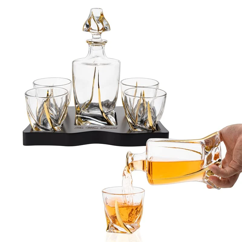 European Style Gold Wine & Whiskey Gold Twist Spiral Decanter 855ml With 4 Glasses & Wood Tray Set By The Wine Savant - For Home Bar Liquor, Spirits, Scotch, & Bourbon Gift For Him 5 European Style Gold Wine & Whiskey Gold Twist Spiral Decanter 855ml With 4 Glasses & Wood Tray Set By The Wine Savant - For Home Bar Liquor, Spirits, Scotch, & Bourbon Gift For Him - Image 5