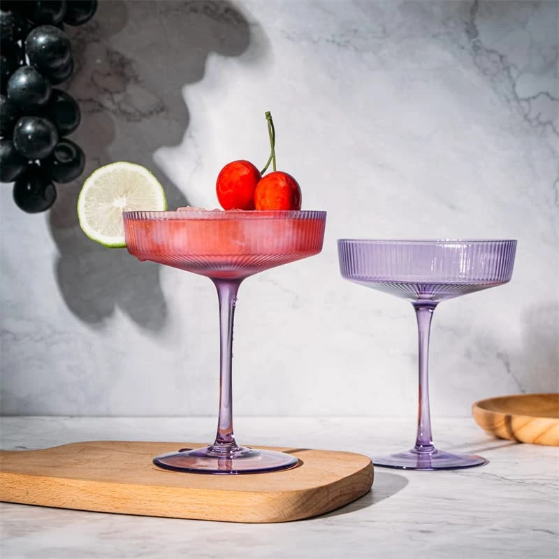 Ribbed Coupe Cocktail Glasses 8 Oz | Set Of 2 | Classic Manhattan Glasses For Cocktails, Champagne Coupe, Ripple Coupe Glasses, Art Deco Gatsby Vintage, Crystal With Stems (Lavender, Set Of 2) 2 Ribbed Coupe Cocktail Glasses 8 Oz | Set Of 2 | Classic Manhattan Glasses For Cocktails, Champagne Coupe, Ripple Coupe Glasses, Art Deco Gatsby Vintage, Crystal With Stems (Lavender, Set Of 2) - Image 2
