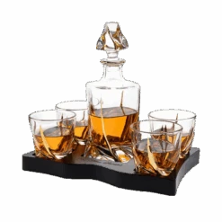 European Style Gold Wine & Whiskey Gold Twist Spiral Decanter 855ml With 4 Glasses & Wood Tray Set By The Wine Savant - For Home Bar Liquor, Spirits, Scotch, & Bourbon Gift For Him
