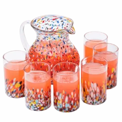 The Wine Savant Hand Blown Mexican Drinking Glasses And Pitcher – Set Of 6 With Mexican Confetti Design (14 Oz Each) And Pitcher (84 Ounces) (Confetti)