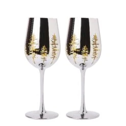 Crystal Christmas Tree Stemmed Wine & Water Glasses - Set Of 2 - Holiday Themed Vibrant Gold Etched Winter Snow Wonderland Frosted Glass, Perfect For Seasonal Parties, Gifts For Him & Her Trees Décor