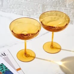 Colored Sunset Yellow & Gilded Rim Coupe Glass, 9oz Cocktail & Champagne Glasses 2-Set Vibrant Color Gold Vintage Tumblers, Margarita, Glassware Gift Idea Gifts For Mom, Him, Wife, Housewarming Coupes -Refined Spirits Store 61Bbb5apFOL. AC SX679