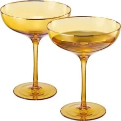 Colored Sunset Yellow & Gilded Rim Coupe Glass, 9oz Cocktail & Champagne Glasses 2-Set Vibrant Color Gold Vintage Tumblers, Margarita, Glassware Gift Idea Gifts For Mom, Him, Wife, Housewarming Coupes -Refined Spirits Store 61IhLlK9iLL. AC SX679