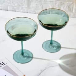 Colored Green & Gilded Rim Wine Glassware, Large 9oz Cocktail & Champagne Glasses 2-Set Vibrant Color Gold Vintage Stemmed Wine Glass, Glassware Gift Idea Perfect For Spring, Mother's Day (Coupe) -Refined Spirits Store 61PSpZz0YLL. AC SX679