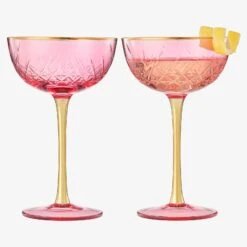 Vintage Art Deco Coupe For Champagne, Martini, Cocktails| Set Of 2 | 7 Oz Classic Cocktail Glassware - Manhattan, Cosmopolitan, Sidecar, Crystal Speakeasy Style Saucer Goblets With Stems (Pink)