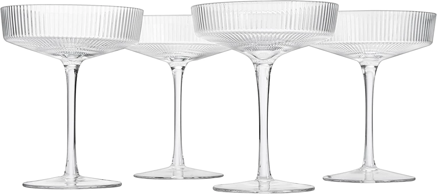 Ribbed Coupe Cocktail Glasses 8 Oz | Set Of 4 | Classic Manhattan Glasses For Cocktails, Champagne Coupe, Ripple Coupe Glasses, Art Deco Gatsby Vintage, Crystal With Stems (Clear) 6 Ribbed Coupe Cocktail Glasses 8 Oz | Set Of 4 | Classic Manhattan Glasses For Cocktails, Champagne Coupe, Ripple Coupe Glasses, Art Deco Gatsby Vintage, Crystal With Stems (Clear) - Image 6