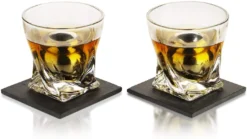 Luxurious Whiskey Stones & Glasses Gift Set - 2 XL Chilling Stainless Steel Whiskey Balls - 2x Crystal Whiskey Glasses, 2x Slate Stone Coasters, Freezer Pouch & Tongs - Set In Premium Pine Wood Box -Refined Spirits Store 61VJ5F9NotL. AC SL1413