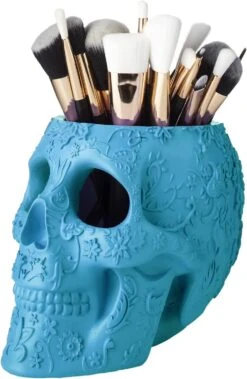 Skull Makeup Brush Holder, Pen Holder, Vanity, Desk, Office Organizer, Stationary, Decor Planter, Candy Bowl, Goth Decorations, Extra Large, Skulls Gothic Skull & Bones Organizer Bathroom (Blue)
