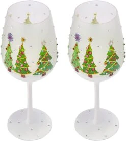 Set Of 2 Stemmed Christmas Tree Design Wine Glasses - Hand Painted 14 Oz Decorated Christmas Tree Glasses - Perfect For Wine, Champagne, Holiday Parties And Festivities - 8.75" High, 14 Oz Capacity -Refined Spirits Store 61klX0EhiWL. AC SL1500