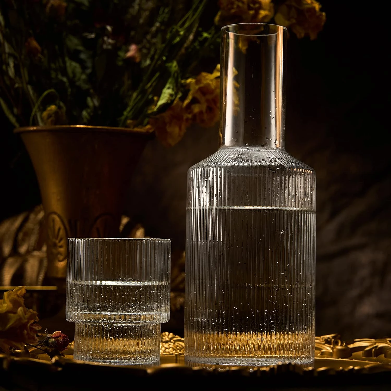 Bedside Water Carafe & Tumbler Set | 2-Piece Set | Crystal Elegant Ribbed Night Glass Pitcher - 900 ML - Bedroom Nightstand Serving Decanter Dispenser For Water, Juice, Tea Drinks, Pitcher & Cup Set 9 Bedside Water Carafe & Tumbler Set | 2-Piece Set | Crystal Elegant Ribbed Night Glass Pitcher - 900 ML - Bedroom Nightstand Serving Decanter Dispenser For Water, Juice, Tea Drinks, Pitcher & Cup Set - Image 9