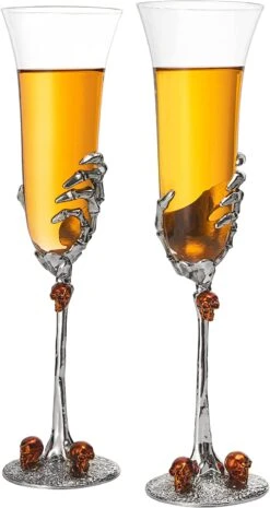 Stemmed Skeleton Champagne Glasses Set Of 2 By The Wine Savant - 7oz Skeleton Glasses 9" H, Goth Gifts, Skeleton Gifts, Skeleton Decor, Spooky Champagne Gift Set, Unique Champagne Glasses, Perfect For Halloween Themed Parties! -Refined Spirits Store 710KF bHtL. AC SL1500