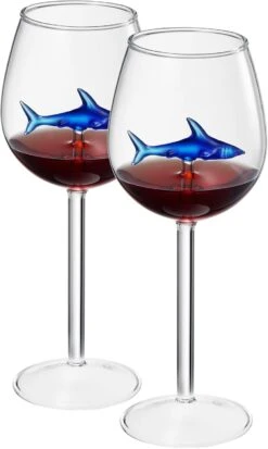 Shark-Inspired Wine Glasses Set Of 2 – 13oz Stemmed Red & White Wine Glass With 3D Shark Inside – Unique Glassware Gift For Men, Dad, Or Host