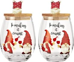 Christmas Gnome Wine & Water Glasses With Dwarf Wood Cover - Set Of 2-17.5oz - Santa Holiday Festive Gnomes Stemless Clear Wine Glass For Red Or White Wine - Wines Glass For Women Friends Men Sister