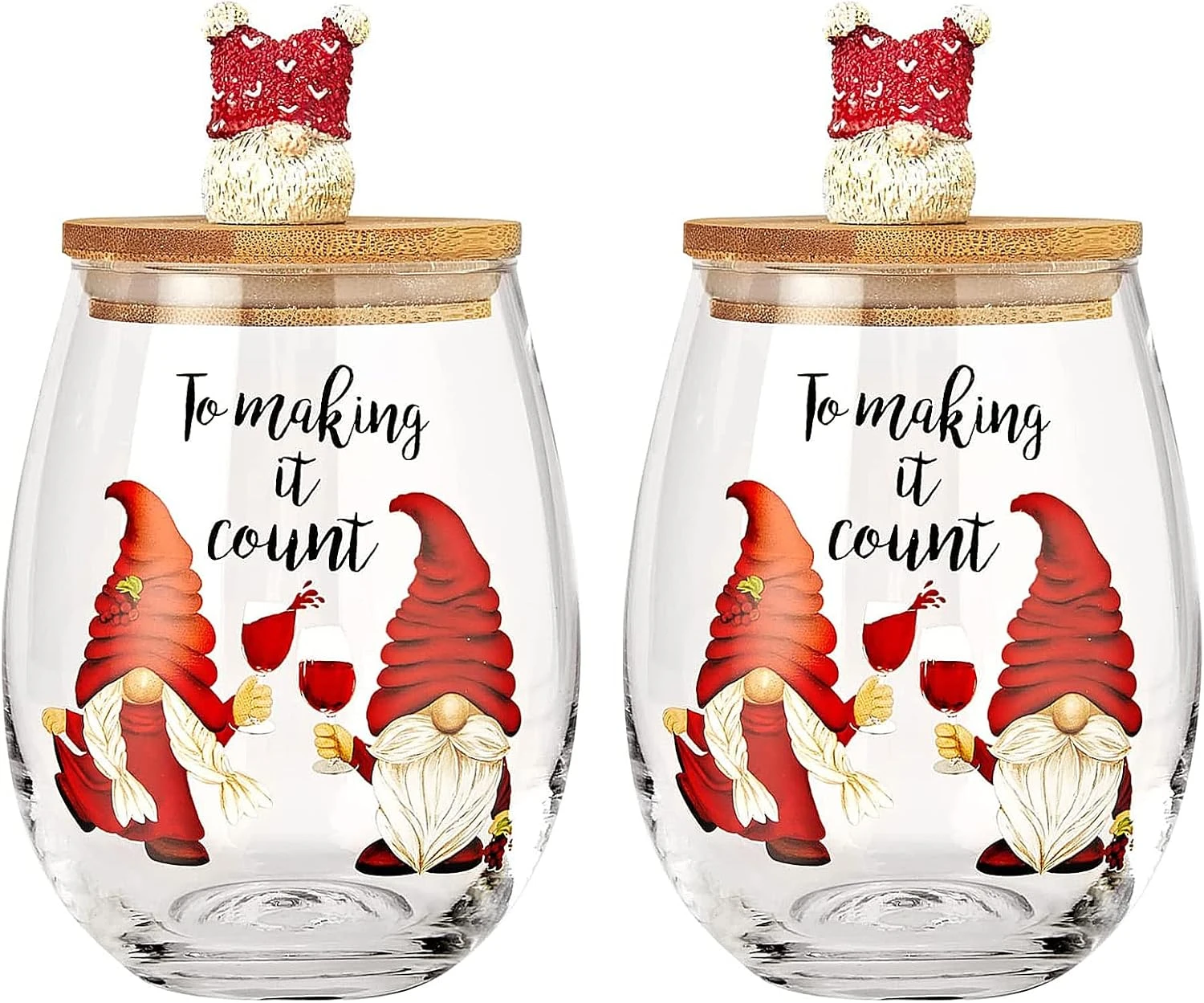 Christmas Gnome Wine & Water Glasses With Dwarf Wood Cover - Set Of 2-17.5oz - Santa Holiday Festive Gnomes Stemless Clear Wine Glass For Red Or White Wine - Wines Glass For Women Friends Men Sister 1 Christmas Gnome Wine & Water Glasses With Dwarf Wood Cover - Set Of 2-17.5oz - Santa Holiday Festive Gnomes Stemless Clear Wine Glass For Red Or White Wine - Wines Glass For Women Friends Men Sister