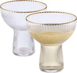 Ribbed Stemless Margarita, Martini & Champagne Glasses With Gold Rim - Set Of 2 - Hand Blown Cocktail Luxury Coupe – Large Party, Elegant Ripple Design, Gilded, Premium Hand Blown Glassware (10 OZ) -Refined Spirits Store 715J K6H L. AC SX679