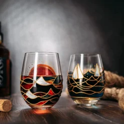 Artisanal Hand Painted Sunrise Glasses, Stemless Set Of 2 Wine, Water & Whiskey Glasses - The Wine Savant - Crystal Tumblers - Gift Idea For Her, Him, Birthday, Housewarming - Large Goblets (18.5 OZ) -Refined Spirits Store 715uy621gqL. AC SL1500