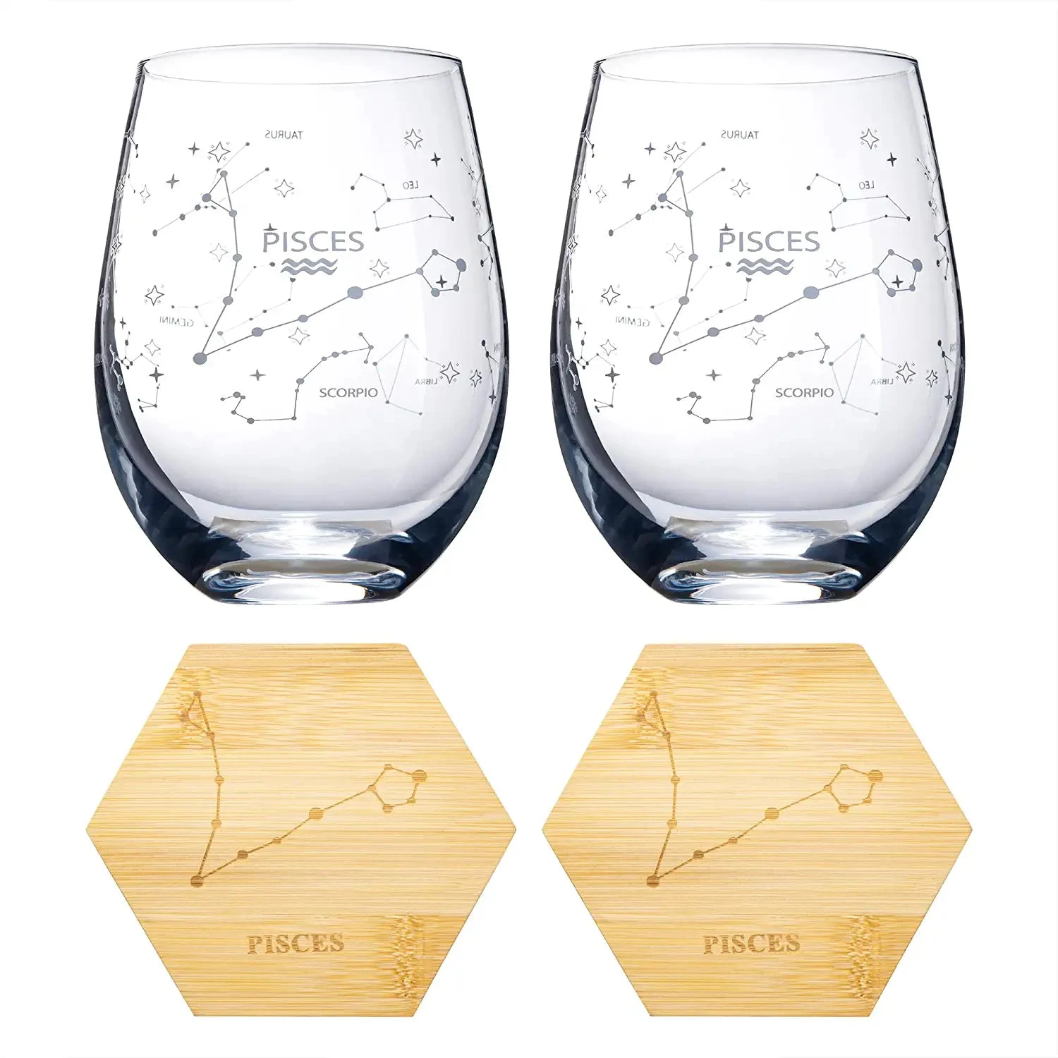 Set Of 2 Zodiac Sign Wine Glasses With 2 Wooden Coasters By The Wine Savant - Astrology Drinking Glass Set With Etched Constellation Tumblers For Juice, Water Home Bar Horoscope Gifts 18oz (Pisces) 5 Set Of 2 Zodiac Sign Wine Glasses With 2 Wooden Coasters By The Wine Savant - Astrology Drinking Glass Set With Etched Constellation Tumblers For Juice, Water Home Bar Horoscope Gifts 18oz (Pisces) - Image 5
